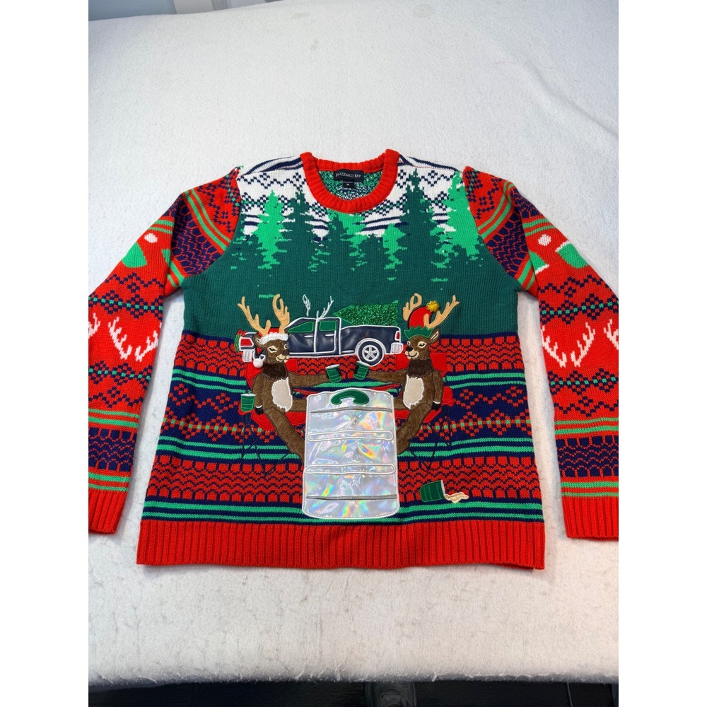 Blizzard Bay Reindeer Tailgate Beer Keg Ugly Christmas Sweater Mens Medium Green